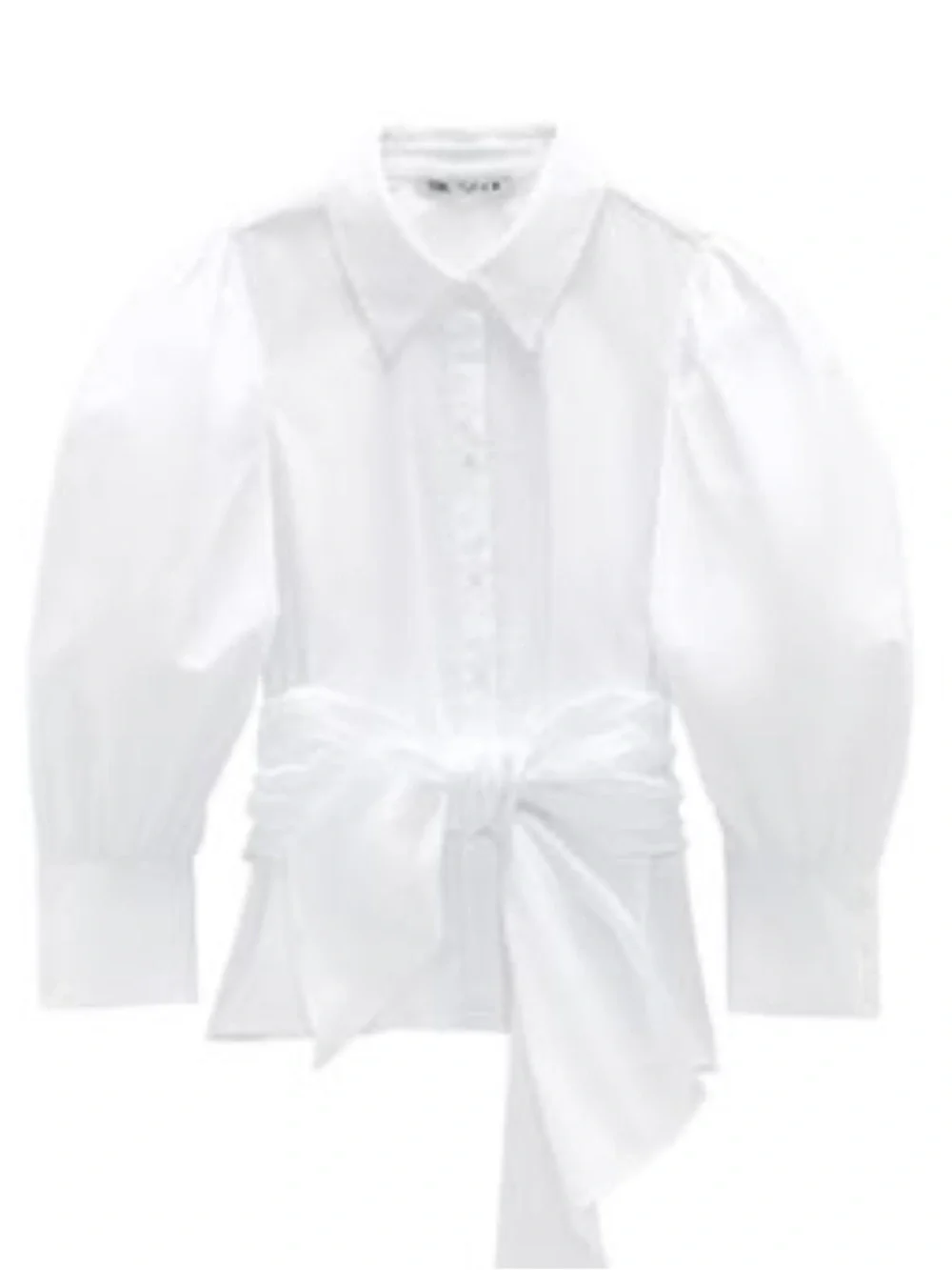 Zara White Puff-Sleeve Button-Front Shirt with Waist Tie